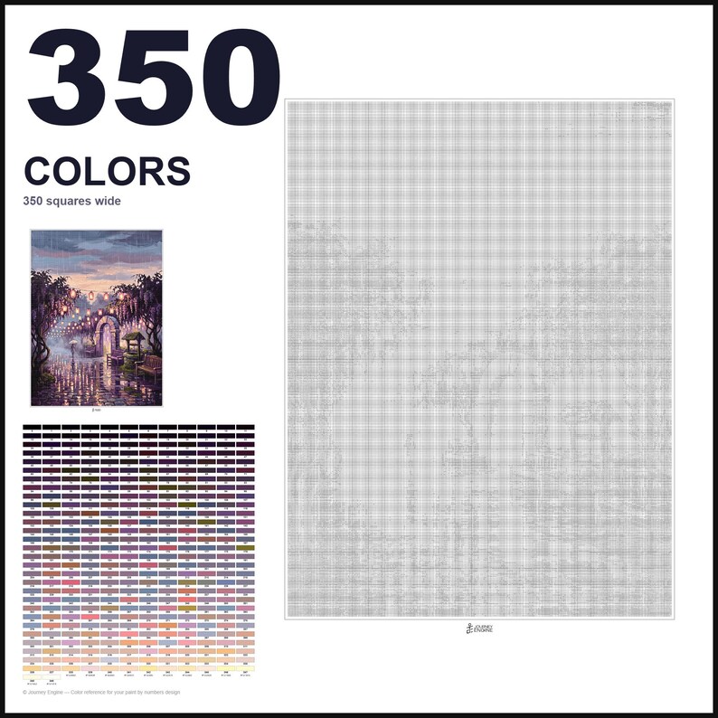 May include: A paint-by-numbers canvas template featuring a grid of 350 squares wide, accompanied by a color reference chart with 350 distinct color swatches and a small preview image of a rainy garden scene with lanterns and stone arches.