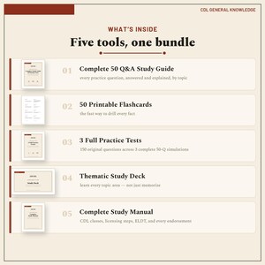 May include: A CDL General Knowledge study bundle infographic featuring five tools: a 50 Q&A study guide, 50 printable flashcards, 3 full practice tests, a thematic study deck, and a complete study manual, all presented with clear text and icons.