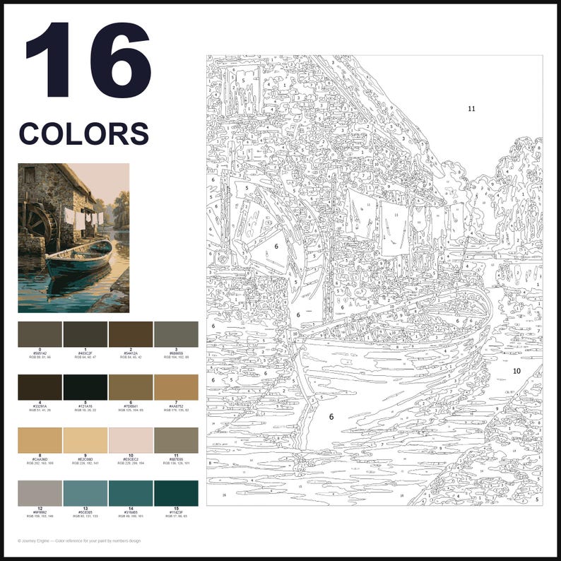 May include: A paint-by-numbers kit featuring a numbered outline of a watermill and a boat on water. The layout includes a small color reference image, the text 16 COLORS, and a grid of 16 color swatches with corresponding RGB values for painting.