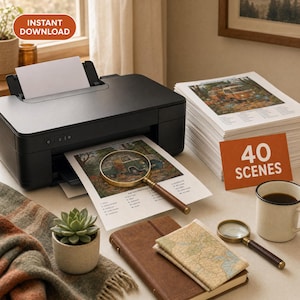 May include: A black printer with a printed sheet featuring a camper van scene and a magnifying glass on top. Beside it sits a stack of papers labeled 40 SCENES, a white mug, a second magnifying glass, a brown notebook, and a small potted succulent.
