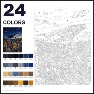 May include: A paint-by-numbers kit featuring 24 colors and a numbered outline of a whale flying over a village. The set includes a small color reference image showing the finished scene with dark blue, brown, and tan tones, alongside a large white sheet with black outlines and numerical guides for painting.