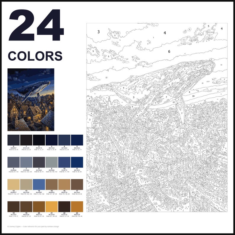 May include: A paint-by-numbers kit featuring 24 colors and a numbered outline of a whale flying over a village. The set includes a small color reference image showing the finished scene with dark blue, brown, and tan tones, alongside a large white sheet with black outlines and numerical guides for painting.