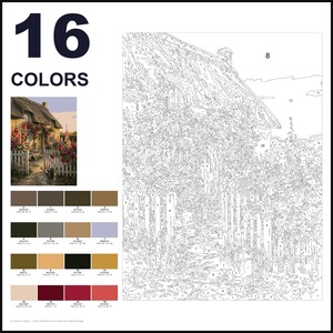 May include: A paint-by-numbers kit featuring a line-art template of a cottage with a picket fence and garden. The layout includes a small color reference image, a numbered color palette with 16 distinct shades, and a large numbered outline.