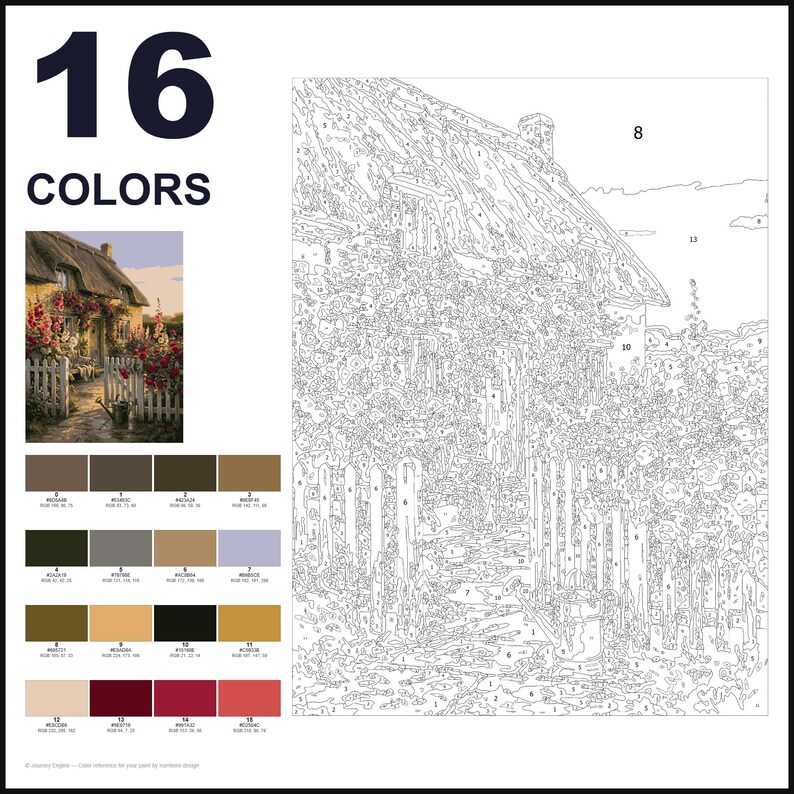 May include: A paint-by-numbers kit featuring a line-art template of a cottage with a picket fence and garden. The layout includes a small color reference image, a numbered color palette with 16 distinct shades, and a large numbered outline.