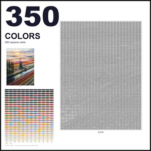 May include: A paint-by-numbers kit featuring a large grid of 350 squares wide, a small color reference image of a windmill in a tulip field at sunrise, and a comprehensive chart of 350 distinct color swatches with corresponding numerical labels.