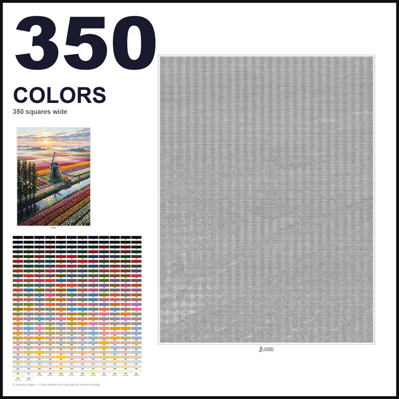 May include: A paint-by-numbers kit featuring a large grid of 350 squares wide, a small color reference image of a windmill in a tulip field at sunrise, and a comprehensive chart of 350 distinct color swatches with corresponding numerical labels.