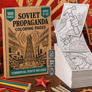 Op de afbeelding: Een doos met "Sovjet Propaganda Kleurplaten" voor de leeftijd van 7-12 jaar, met 100 pagina's. De doos is bruin met zwarte en groene tekst en illustraties. Kleurplaten en kleurpotloden zijn ook zichtbaar.