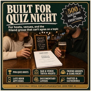 May include: A white trivia book titled Totally Random with 500 questions on everything. The cover features the text Journey Engine and Fun Facts Trivia. The book is displayed on a dark wooden table alongside two glasses of beer and a small chalkboard.