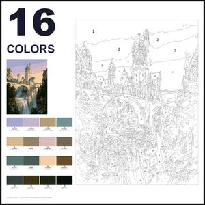 May include: A paint-by-numbers kit featuring a fantasy castle scene with a stone bridge and waterfall. The layout includes a numbered outline, a small color reference image, and a palette of 16 distinct color swatches with RGB values.