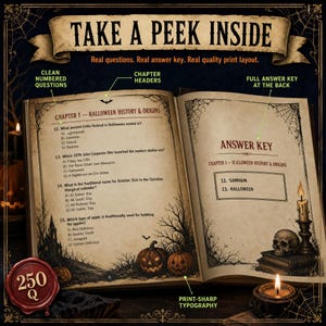 May include: An open book featuring Halloween trivia questions and an answer key. The left page displays numbered questions about Halloween history, while the right page shows the corresponding answers. The pages are decorated with spiderwebs and pumpkins.