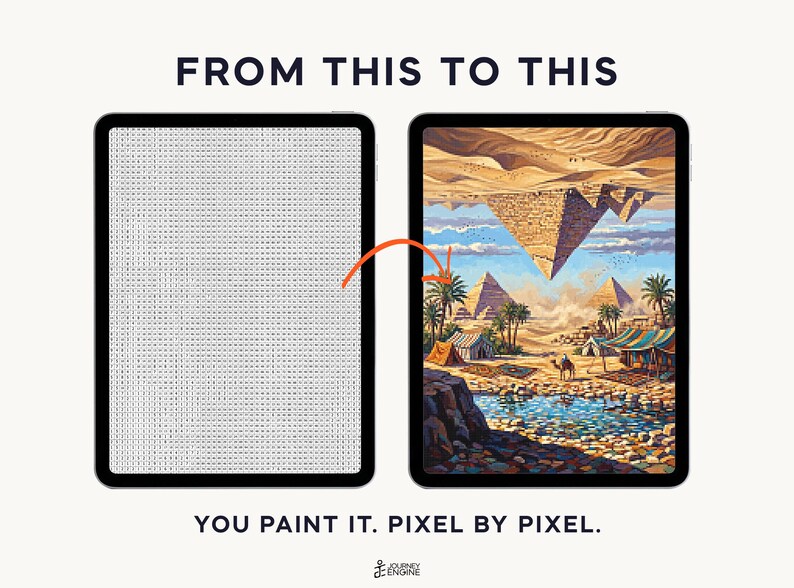 May include: Two tablets displaying a digital paint-by-number activity. The left screen shows a grid of letters, while the right screen displays a completed desert scene with pyramids, palm trees, and a pool. Text reads FROM THIS TO THIS and YOU PAINT IT. PIXEL BY PIXEL.