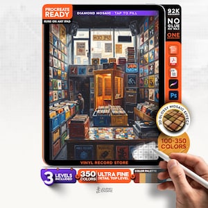 May include: A digital diamond mosaic art file for Procreate featuring a detailed vinyl record store scene. The interface includes text labels like Procreate Ready, 92K Squares, 3D Glossy Mosaic Effect, 100-350 Colors, and 3 Levels Included for digital coloring.