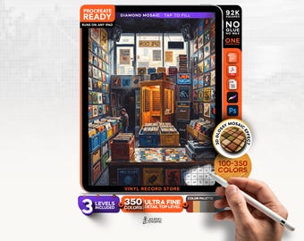 Digital Diamond Painting for iPad, Vinyl Record Store Mosaic, Retro Color by Number Procreate File, 3 Levels, Digital Download