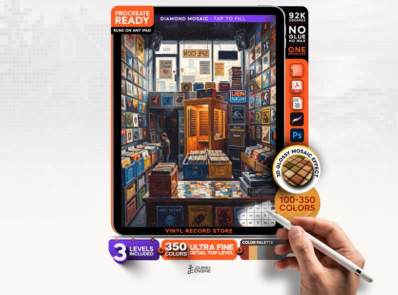 May include: A digital diamond mosaic art file for Procreate featuring a detailed vinyl record store scene. The interface includes text labels like Procreate Ready, 92K Squares, 3D Glossy Mosaic Effect, 100-350 Colors, and 3 Levels Included for digital coloring.