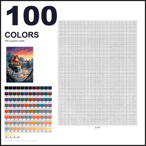 May include: A paint-by-numbers kit featuring a large grid of numbered squares, a small reference image of a house on a floating island at sunset, and a color palette chart with 100 distinct numbered color swatches and hex codes.