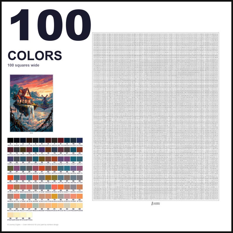 May include: A paint-by-numbers kit featuring a large grid of numbered squares, a small reference image of a house on a floating island at sunset, and a color palette chart with 100 distinct numbered color swatches and hex codes.