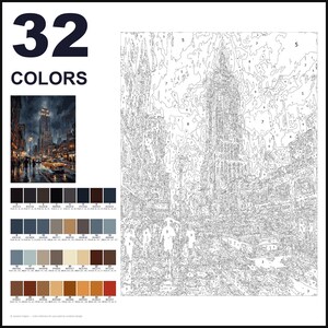 May include: A paint-by-numbers kit featuring a city street scene with a tall skyscraper. The image includes a numbered outline template, a small colour reference photo, and a palette of 32 distinct colour swatches with corresponding numbers.