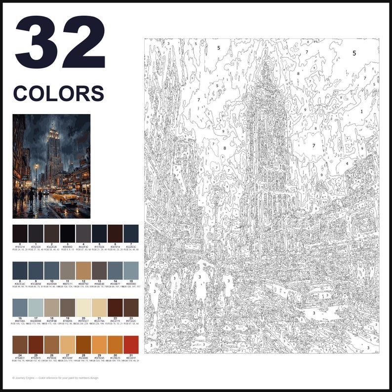 May include: A paint-by-numbers kit featuring a city street scene with a tall skyscraper. The image includes a numbered outline template, a small colour reference photo, and a palette of 32 distinct colour swatches with corresponding numbers.