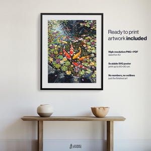 May include: A framed wall art print featuring a colorful koi pond with orange, white, and black fish swimming among lily pads. Text on the right reads: Ready to print artwork included, High-resolution PNG + PDF sized for A3, Scalable SVG poster print up to 60x90 cm, No numbers, no outlines just the finished art.