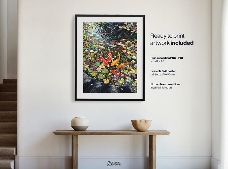 May include: A framed wall art print featuring a colorful koi pond with orange, white, and black fish swimming among lily pads. Text on the right reads: Ready to print artwork included, High-resolution PNG + PDF sized for A3, Scalable SVG poster print up to 60x90 cm, No numbers, no outlines just the finished art.