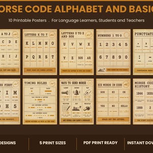 May include: A set of ten printable posters titled MORSE CODE ALPHABET AND BASICS. The posters feature brown and cream backgrounds with black text, displaying letters A through Z, numbers 1 through 0, punctuation, timing rules, and historical facts.