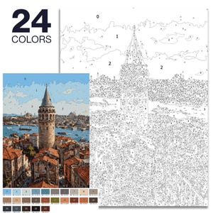 May include: Paint-by-numbers kit depicting a detailed cityscape with a prominent tower. The kit includes a colour-coded canvas, a reference image, and a set of 24 colours. The image shows a completed painting and the outline for painting.