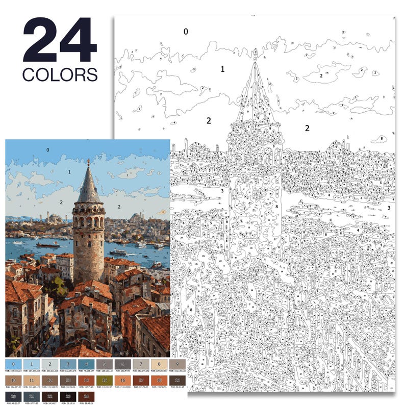 May include: Paint-by-numbers kit depicting a detailed cityscape with a prominent tower. The kit includes a colour-coded canvas, a reference image, and a set of 24 colours. The image shows a completed painting and the outline for painting.