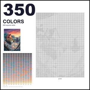 May include: A paint-by-numbers pattern featuring a large grid, a color reference chart with 350 colors, and a small thumbnail image of a house on a floating island with a windmill. The text reads 350 COLORS and 350 squares wide.