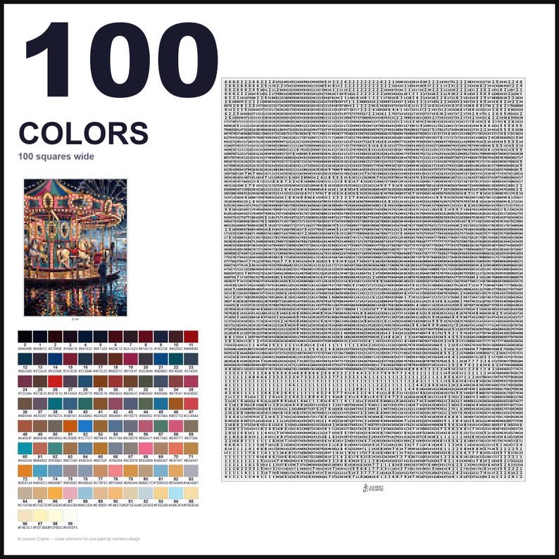 May include: A paint-by-numbers guide featuring the text 100 COLORS and 100 squares wide. It includes a small image of a carousel, a large grid filled with numerical codes, and a color palette chart displaying 100 distinct color swatches with hex codes.