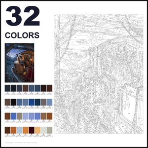 May include: A paint-by-numbers kit featuring a train on a bridge at night. The kit includes a numbered outline canvas, a reference image of the finished scene, and a palette of 32 colors labeled with corresponding numbers for the painting process.