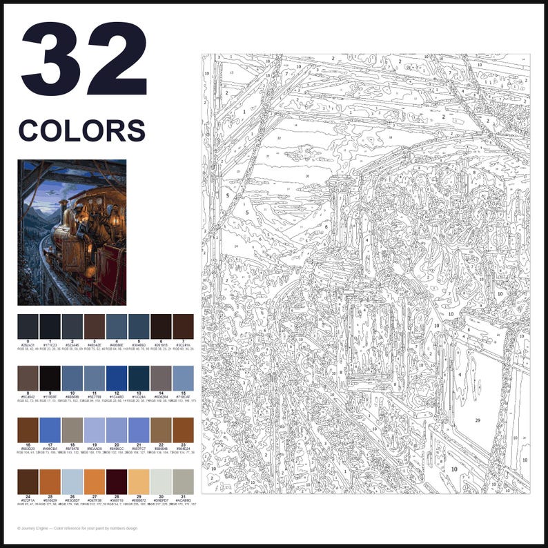 May include: A paint-by-numbers kit featuring a train on a bridge at night. The kit includes a numbered outline canvas, a reference image of the finished scene, and a palette of 32 colors labeled with corresponding numbers for the painting process.