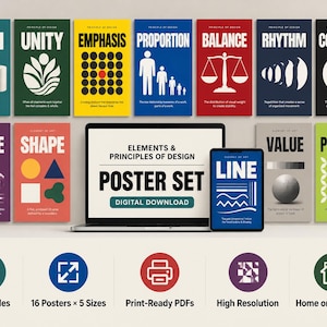 May include: A digital download poster set featuring 12 educational art prints titled Form, Unity, Emphasis, Proportion, Balance, Rhythm, Contrast, Space, Shape, Line, Value, and Pattern. The set includes 80 PDF files in 16 designs and 5 sizes.
