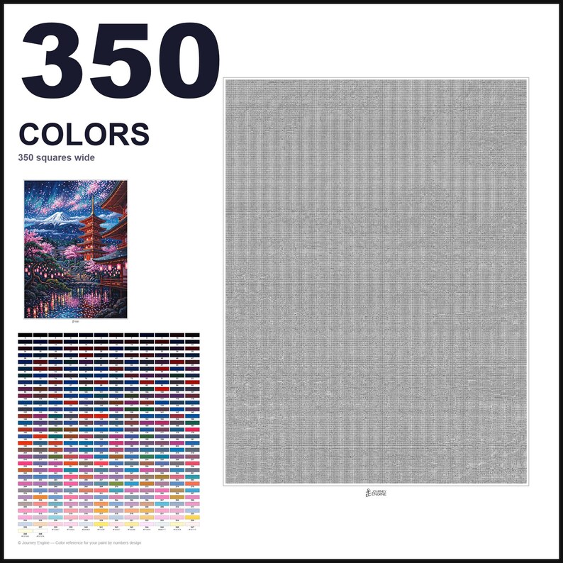May include: A paint-by-numbers canvas template featuring a large gray grid, a small color reference image of a Japanese pagoda with cherry blossoms, and a comprehensive chart of 350 numbered color swatches labeled 350 COLORS and 350 squares wide.