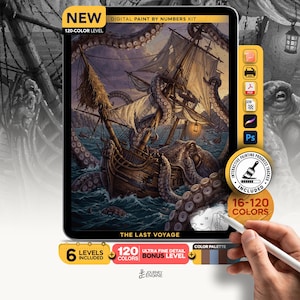 May include: A digital paint by numbers kit titled The Last Voyage featuring a wooden sailing ship entangled by a giant octopus. The kit includes 120 colors, an interactive progress tracker, and six levels of detail for a complex nautical scene.