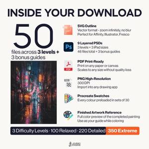 May include: A digital download package containing 50 files across 3 levels and 3 bonus guides. Includes SVG outlines, 9 layered PSDs, PDF print-ready files, high-resolution PNGs, Procreate swatches, and a finished artwork reference of a city street.