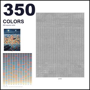 May include: A paint-by-numbers pattern featuring a large grid of 350 colors, a small reference image of a beach scene with a striped cabin, and a large gray-scale grid that is 350 squares wide, designed for detailed artistic painting projects.