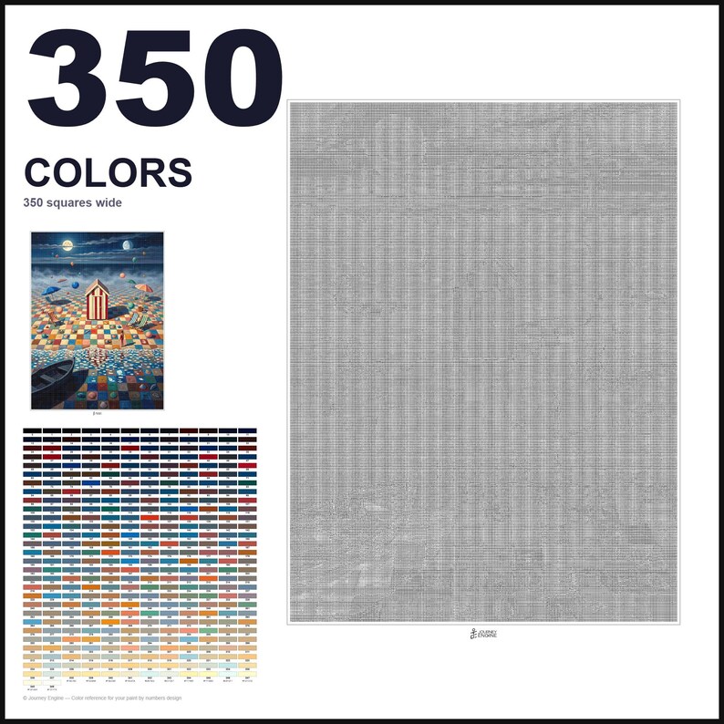 May include: A paint-by-numbers pattern featuring a large grid of 350 colors, a small reference image of a beach scene with a striped cabin, and a large gray-scale grid that is 350 squares wide, designed for detailed artistic painting projects.