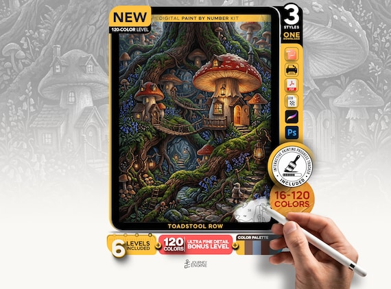 Mushroom Village paint by numbers digital kit, Cottagecore Fairy House Art