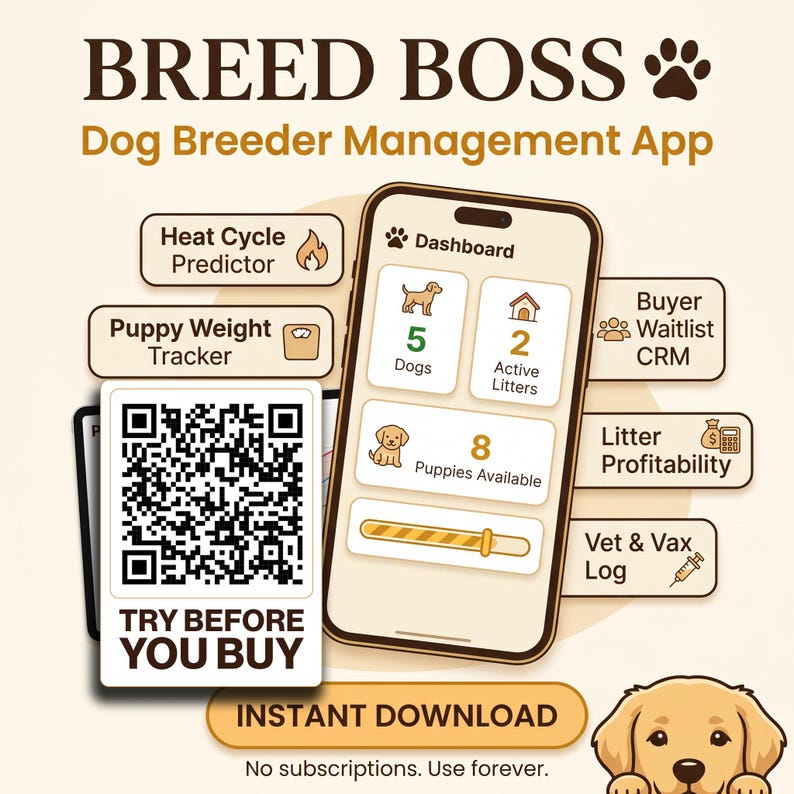 Breed Boss dog breeder manager app dashboard on a laptop next to a litter of puppies