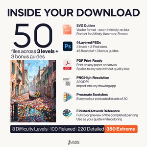 May include: A digital download package containing 50 files across 3 levels and 3 bonus guides. Includes SVG outlines, 9 layered PSDs, PDF print-ready files, high-resolution PNGs, Procreate swatches, and a finished artwork reference of a Venice canal.