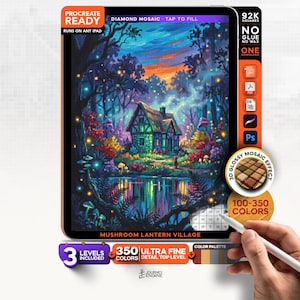 May include: A digital diamond mosaic art file titled Mushroom Lantern Village for Procreate. The image displays a colorful forest scene with a cottage, glowing lights, and a pond. Text includes Procreate Ready, 92K Squares, and 350 Colors.