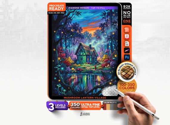 Mushroom Village digital diamond painting mystery mosaic for iPad, Fantasy Mosaic