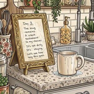 May include: A gold ornate picture frame on a stand displays text reading: Day 3. The mug remains. A silent testament to my choices. It's not dirty. It's... staying. Let's see how long this goes. Beside it sits a beige ceramic mug on a speckled countertop.