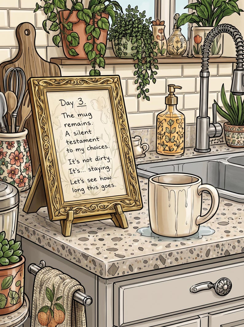 May include: A gold ornate picture frame on a stand displays text reading: Day 3. The mug remains. A silent testament to my choices. It's not dirty. It's... staying. Let's see how long this goes. Beside it sits a beige ceramic mug on a speckled countertop.