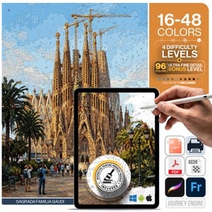 May include: A digital paint-by-number kit featuring the Sagrada Familia. The interface displays 16-48 colors, 4 difficulty levels, and a 96-color bonus level. It includes an interactive painting progress tracker, SVG, PDF, PNG file formats, and compatibility icons for Windows, Android, and Apple devices.