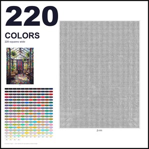 May include: A paint-by-numbers canvas featuring a grid of 220 colors, a small reference image of a sunlit greenhouse with stained glass windows, and a large blank gray grid measuring 220 squares wide for a detailed art project.