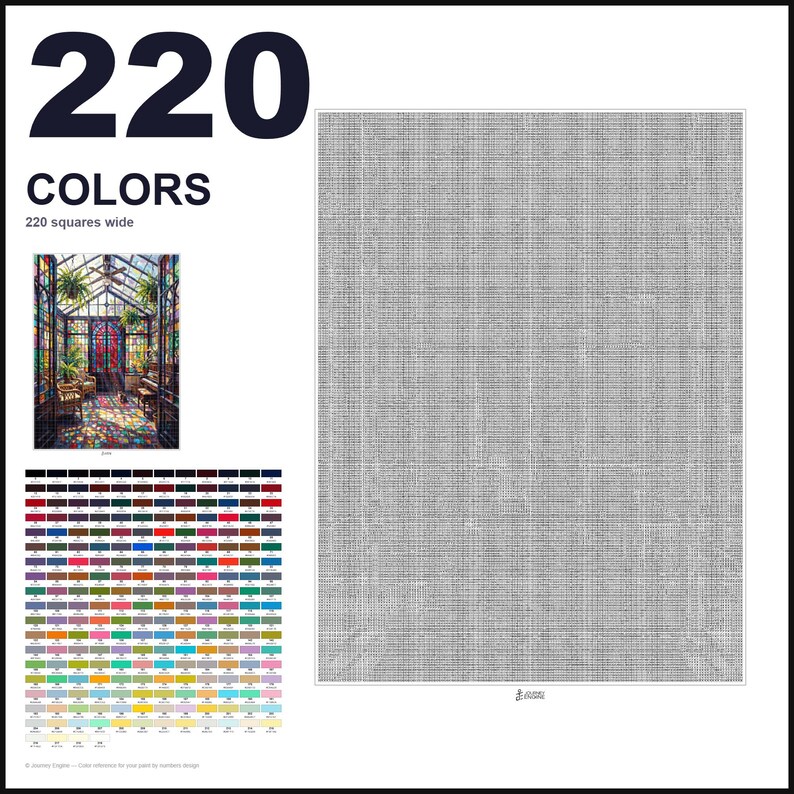 May include: A paint-by-numbers canvas featuring a grid of 220 colors, a small reference image of a sunlit greenhouse with stained glass windows, and a large blank gray grid measuring 220 squares wide for a detailed art project.