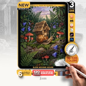 May include: A digital paint by number kit titled Slow Moving House featuring a snail with a small wooden house on its shell, surrounded by ferns, red mushrooms, and blue bellflowers. The kit includes 120 colors, 6 levels, and an interactive progress tracker.
