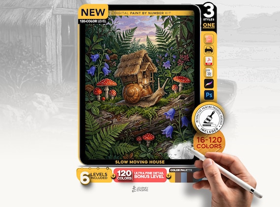 Snail Cottage paint by numbers digital kit, Whimsical Fairy Mushroom Art