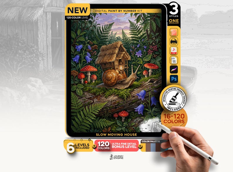 May include: A digital paint by number kit titled Slow Moving House featuring a snail with a small wooden house on its shell, surrounded by ferns, red mushrooms, and blue bellflowers. The kit includes 120 colors, 6 levels, and an interactive progress tracker.